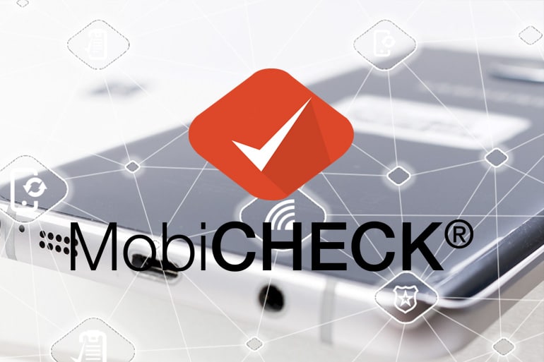 MobiCHECK logo against a smartphone on white background. Checkmend Blackbelt